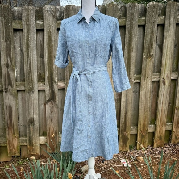 Max Studio Linen Blue Belted Button Down Shirt Dress Size Small - Picture 9 of 15